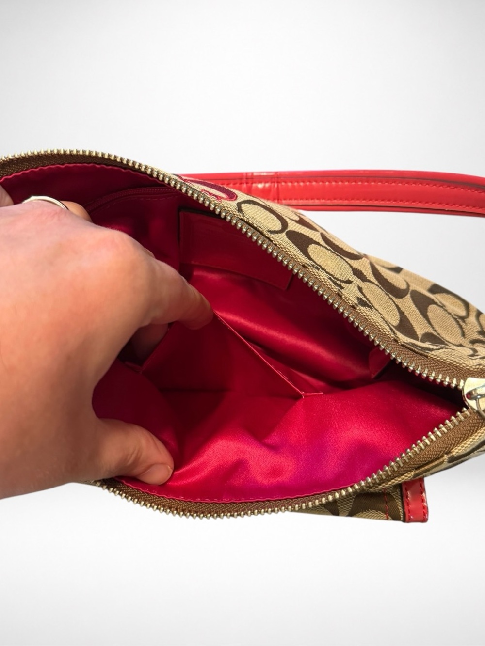 COACH Soho 2 Way Signature Canvas Shoulder Bag Khaki Pink Patent Leather 21623 - Picture 11 of 14